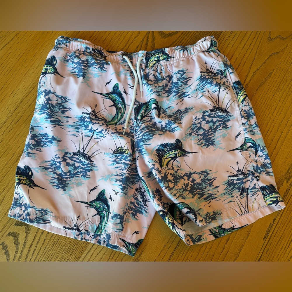 Nautica Mens Swim Trunks Swim Suit Size XL Lined Pink Fish Tropical Palm Trees